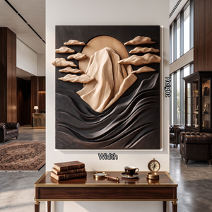 Wall Sculpture Solid Wood with Mountain Peak, Rising Sun and Flowing Wave Relief