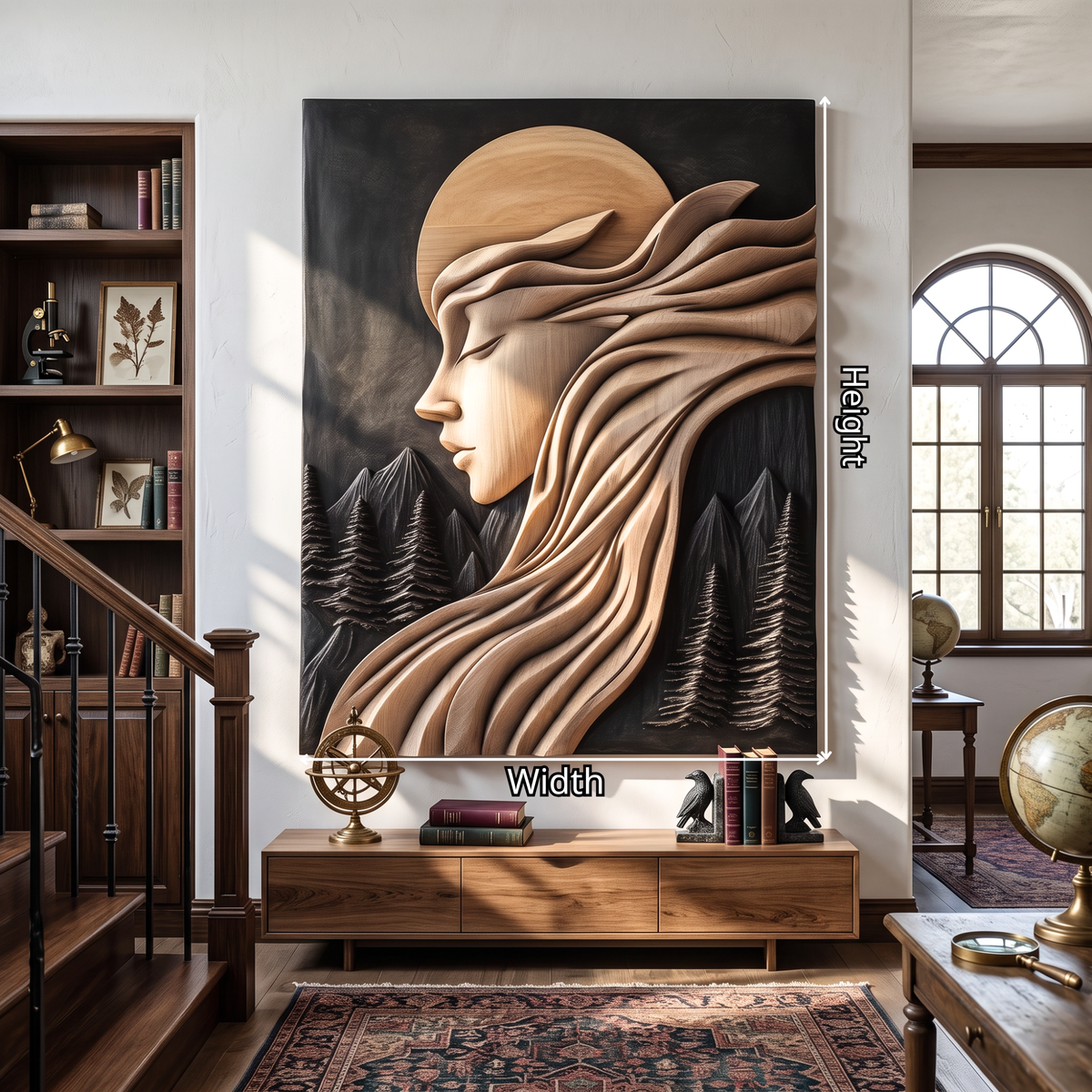 Moonlit Reverie Solid Wood Wall Art with Flowing Hair and Forest Landscape
