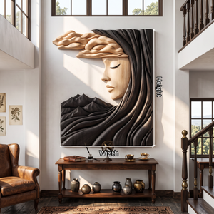Wall Art Solid Wood Silent Muse with Flowing Hair and Mountain Landscape