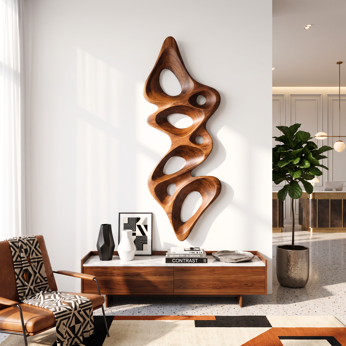 Wall Sculpture Vertical Flow with Organic Carved Openings