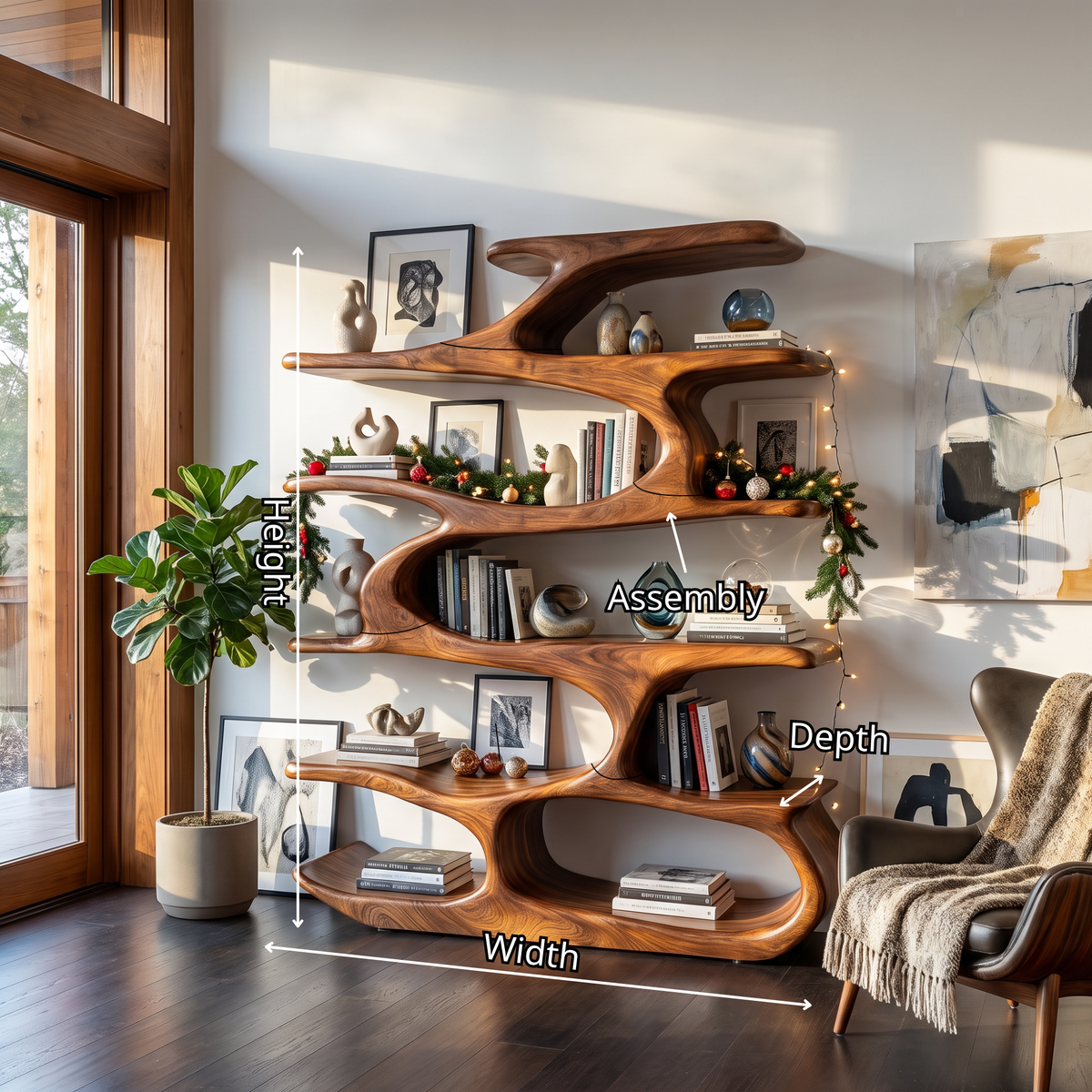 Organic Solid Wood Bookshelf with Flowing Branch Shelves and Sculptural Open Design