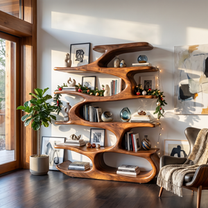 Organic Solid Wood Bookshelf with Flowing Branch Shelves and Sculptural Open Design