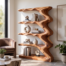 Organic Solid Wood Bookcase with Flowing Wave Shelves and Sculptural Open Design