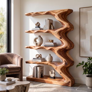 Organic Solid Wood Bookcase with Flowing Wave Shelves and Sculptural Open Design