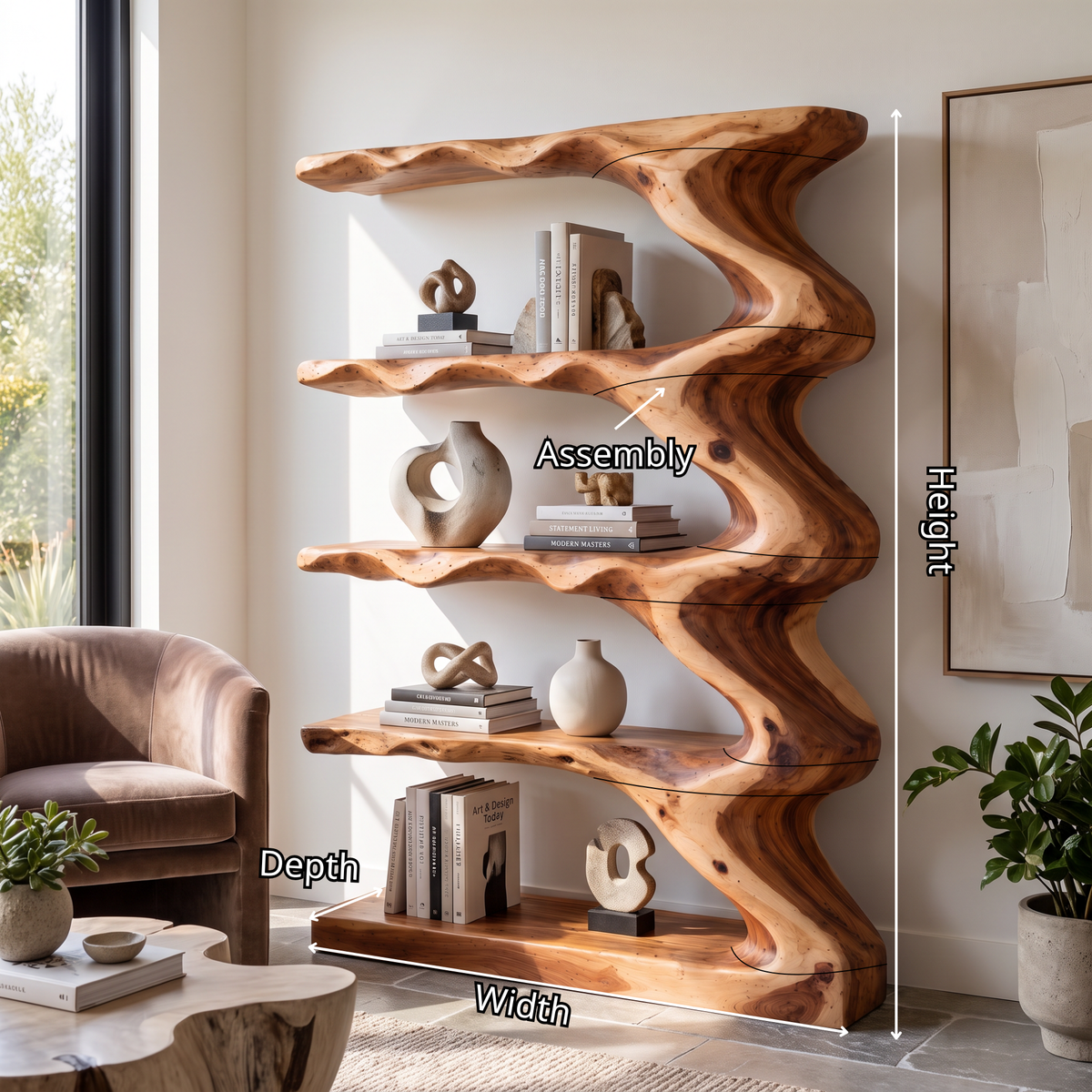 Organic Solid Wood Bookcase with Flowing Wave Shelves and Sculptural Open Design