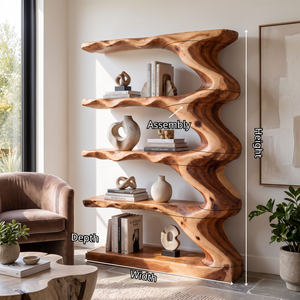 Organic Solid Wood Bookcase with Flowing Wave Shelves and Sculptural Open Design