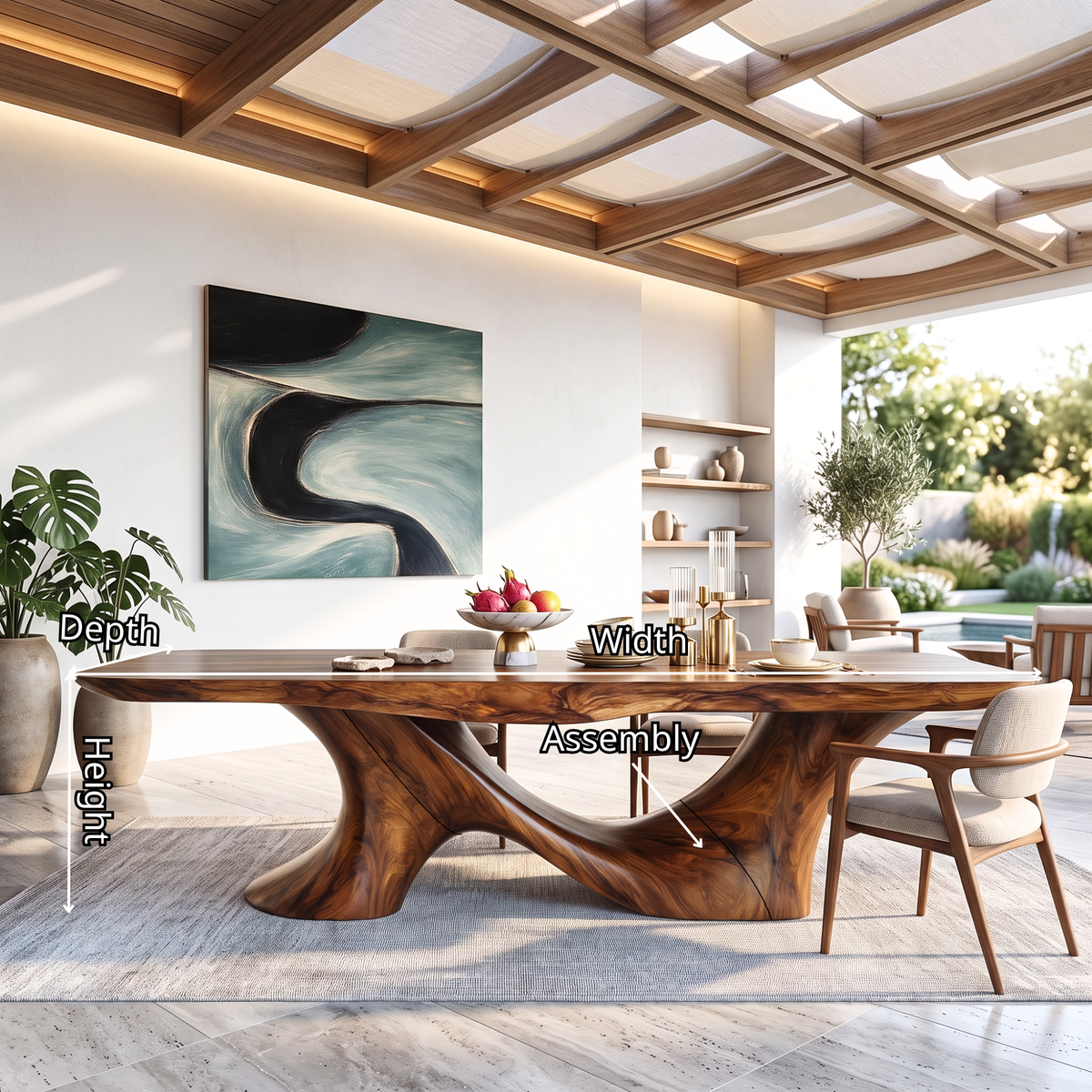 Dining Table with Sculptural Twin Curve Base and Organic Solid Wood Top