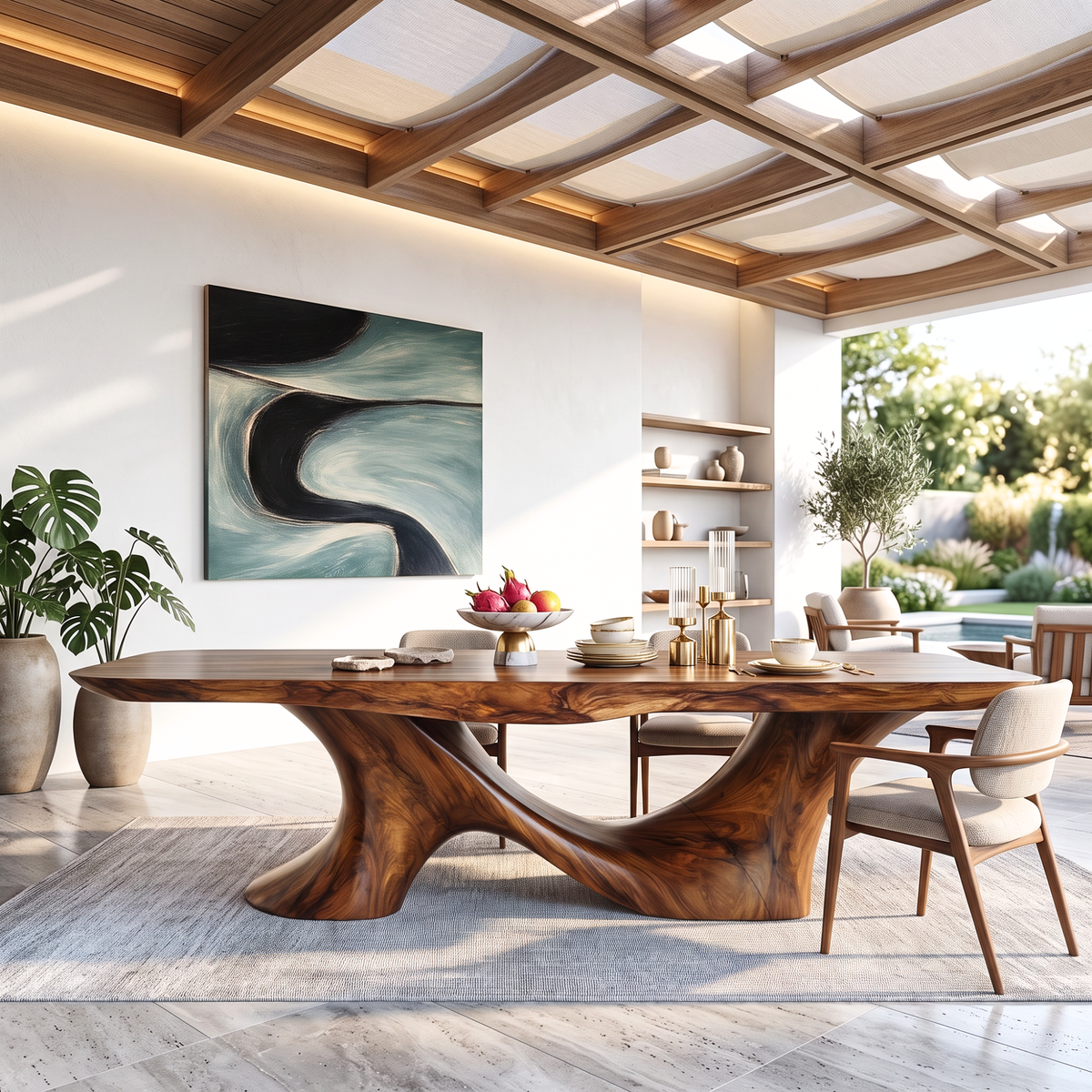 Dining Table with Sculptural Twin Curve Base and Organic Solid Wood Top