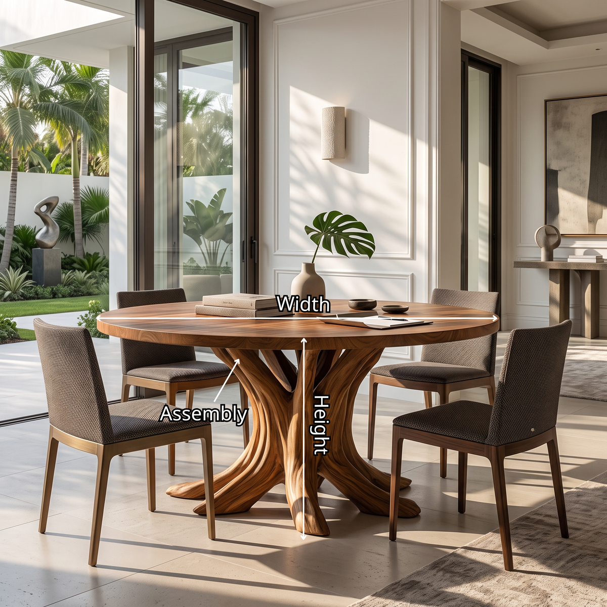 Dining Table with Branching Pedestal Base and Round Solid Wood Top