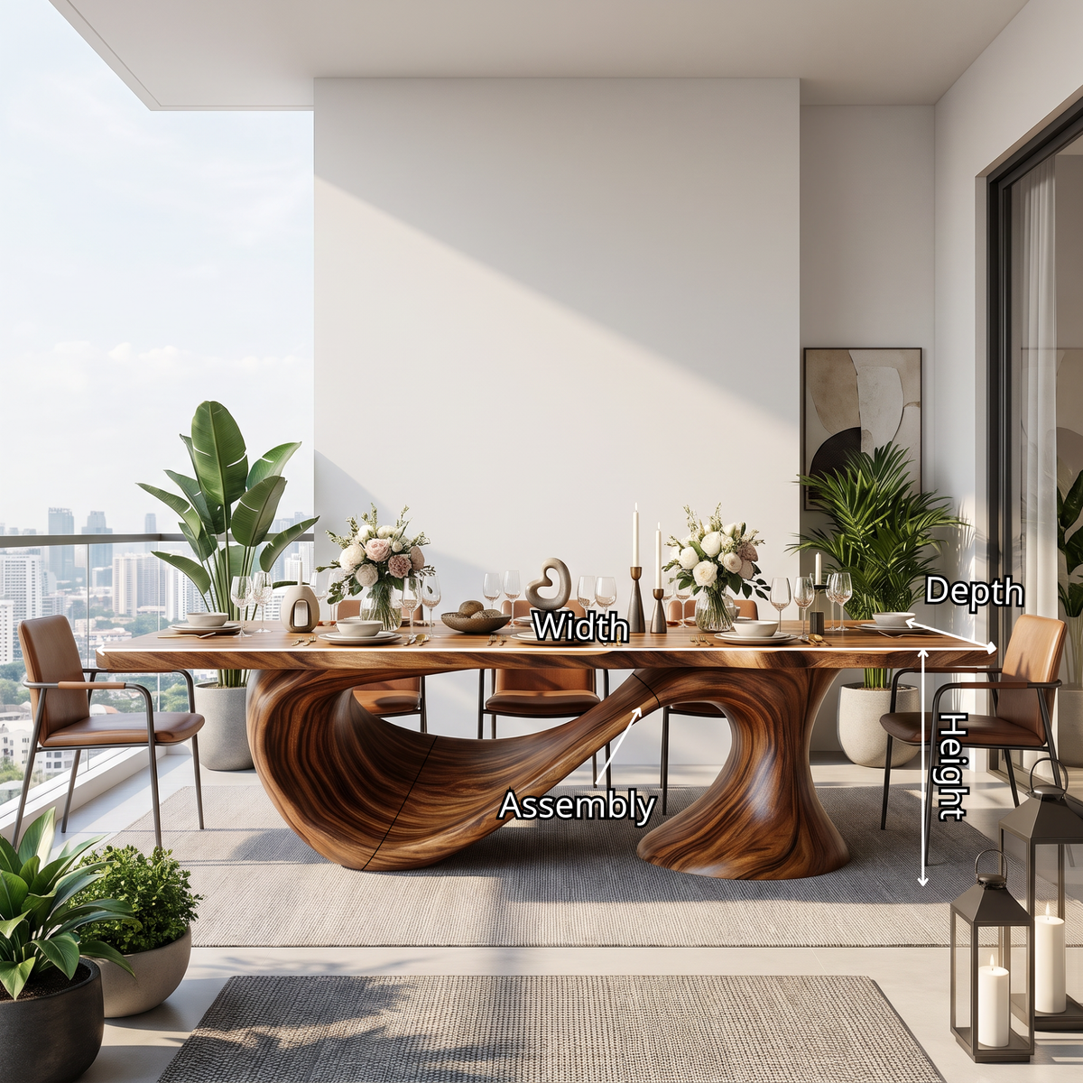 Dining Table with Sweeping Arc Base and Solid Wood Top