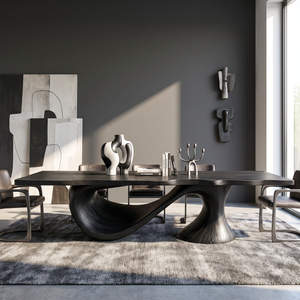 Dining Table with Sweeping Arc Base and Solid Wood Top