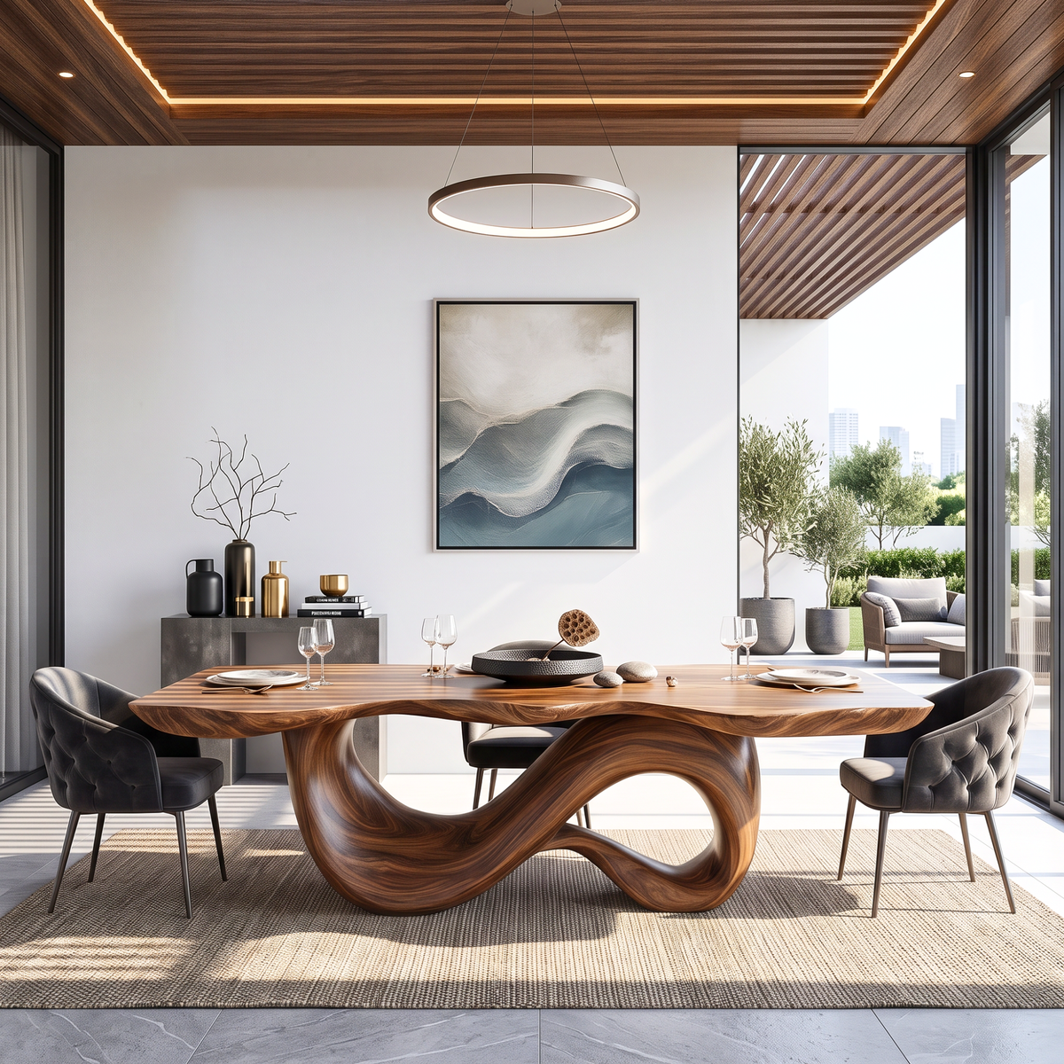 Dining Table with Sculptural Double Loop Base and Solid Wood Top