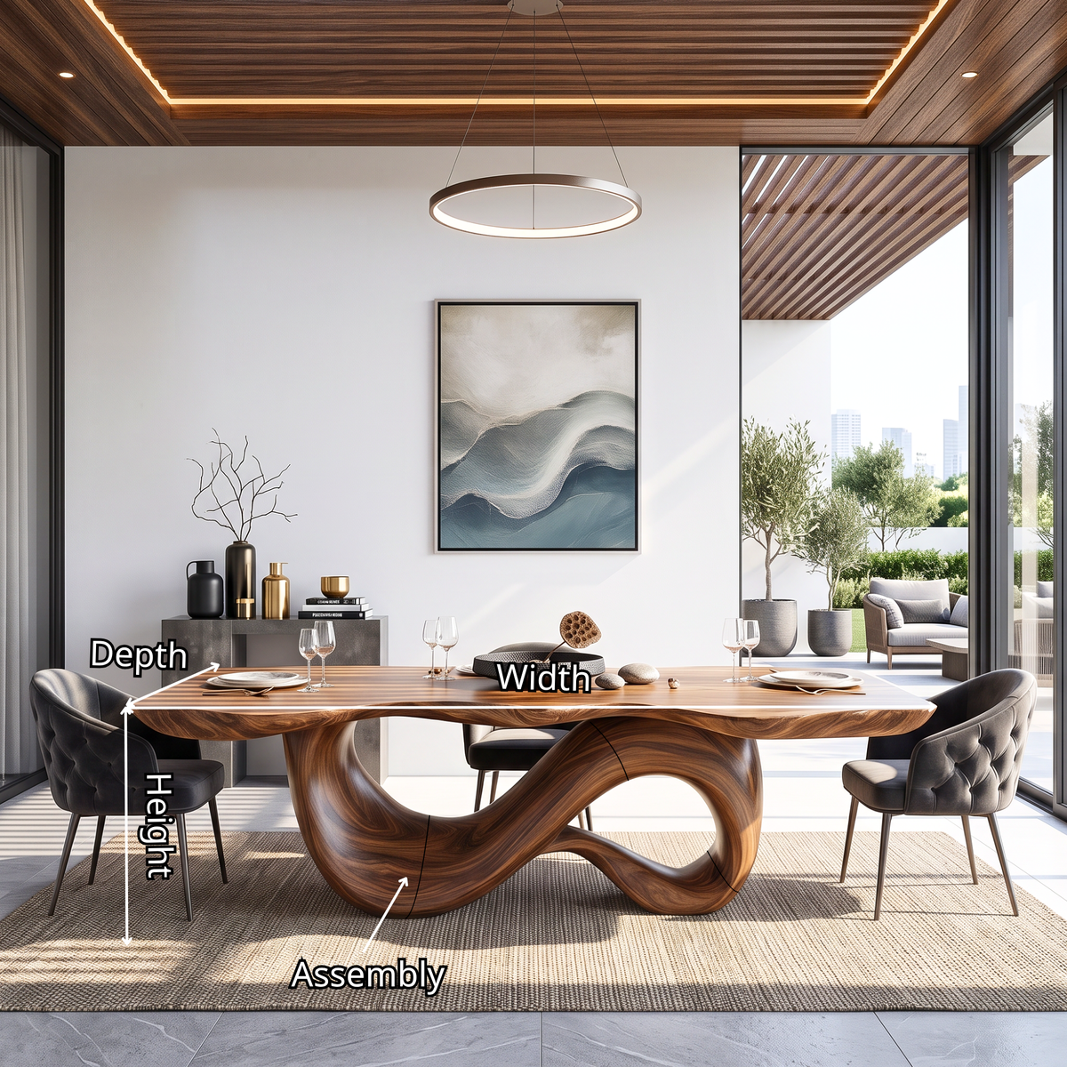 Dining Table with Sculptural Double Loop Base and Solid Wood Top