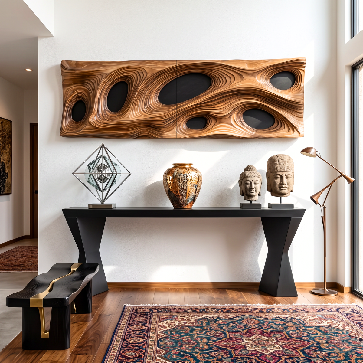 Solid Wood Openwork Wave Panel Wall Sculpture for Modern Interiors