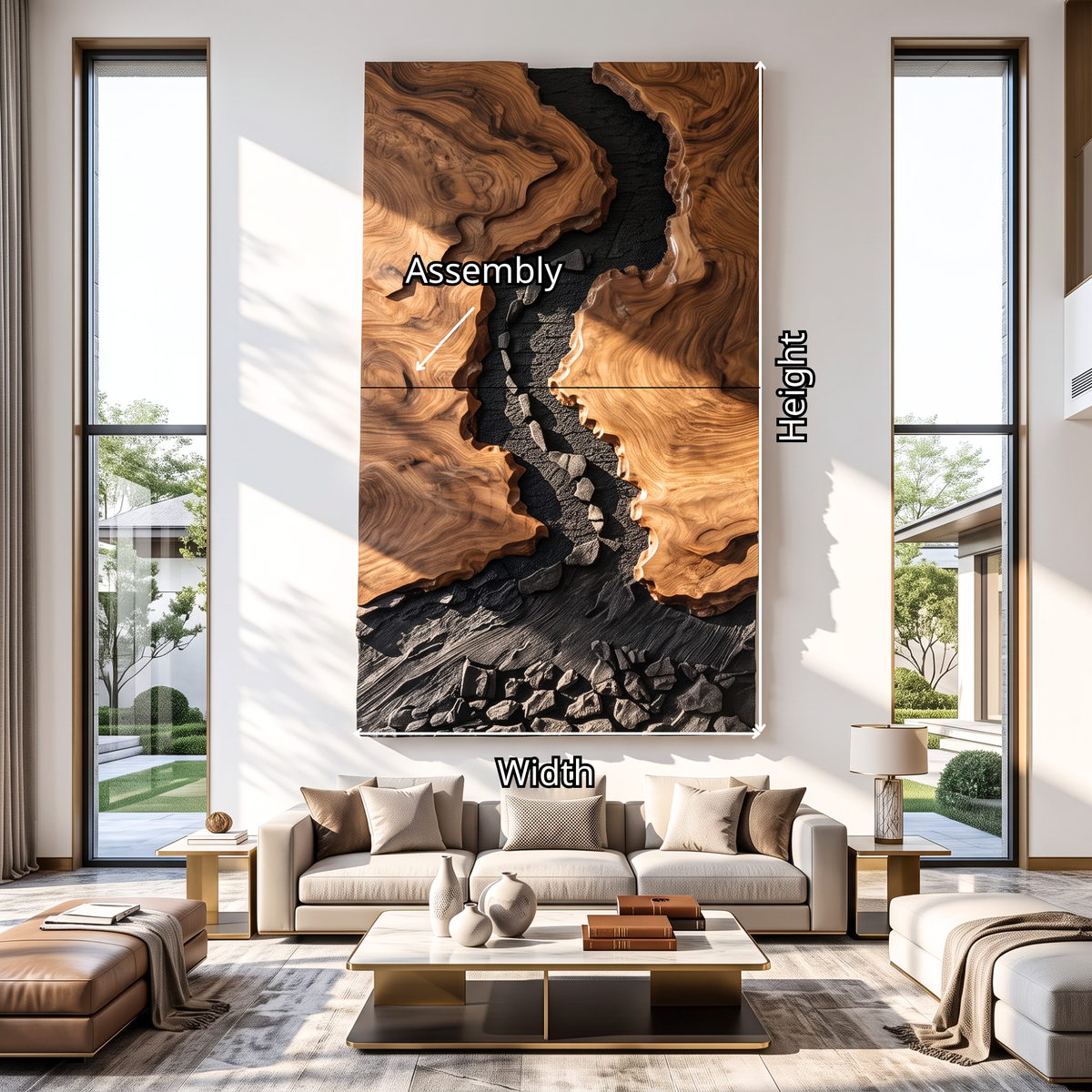 Large Solid Wood River Landscape Wall Sculpture for Modern Living Rooms