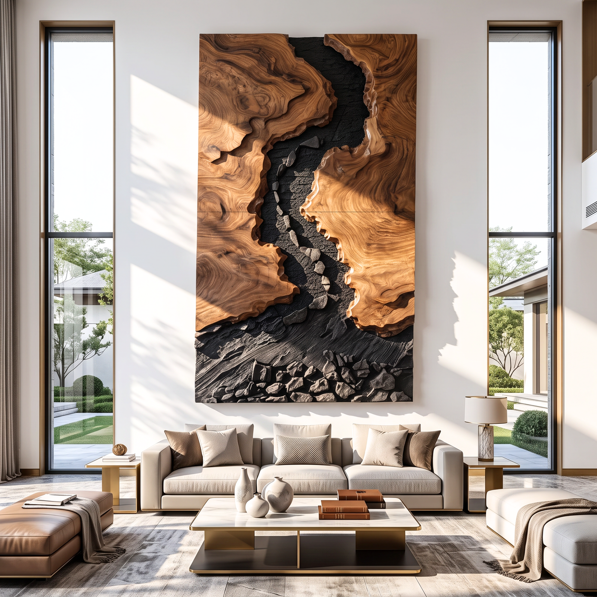 Large Solid Wood River Landscape Wall Sculpture for Modern Living Rooms