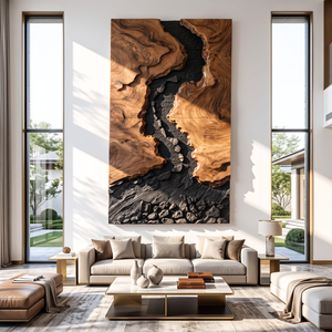 Large Solid Wood River Landscape Wall Sculpture for Modern Living Rooms