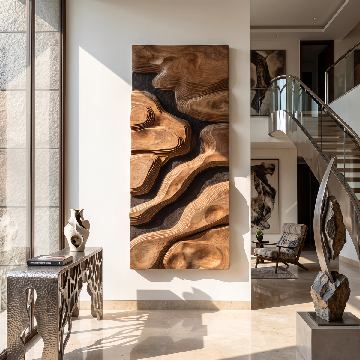 Layered Wood Wall Art with Organic Topographic Forms and Natural Grain Texture