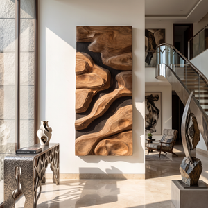 Layered Wood Wall Art with Organic Topographic Forms and Natural Grain Texture