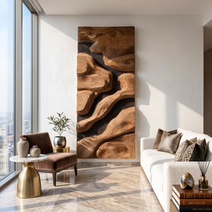 Layered Wood Wall Art with Organic Topographic Forms and Natural Grain Texture