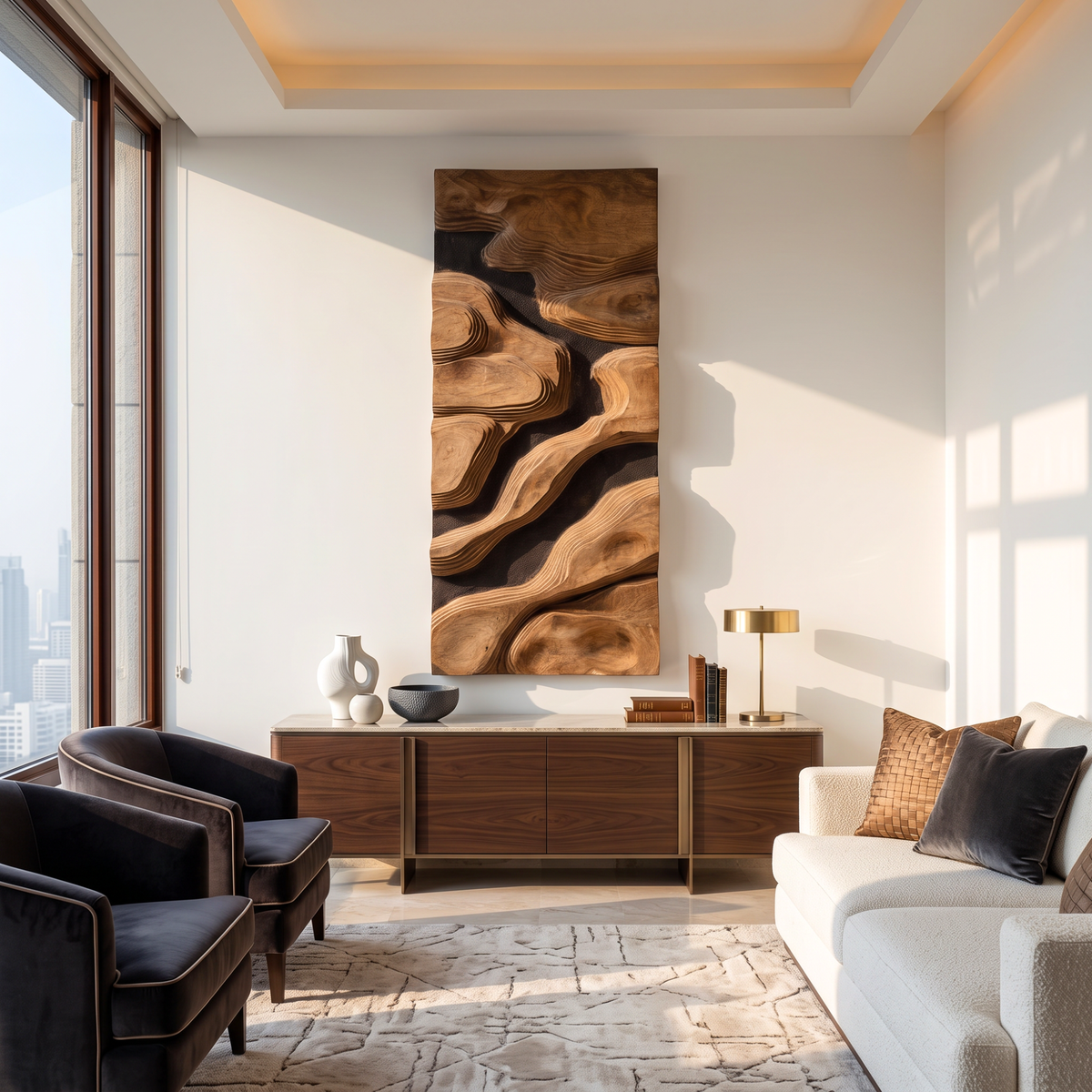 Layered Wood Wall Art with Organic Topographic Forms and Natural Grain Texture