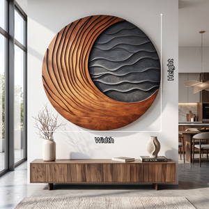 Circular Solid Wood Wall Art with Sweeping Crescent Carving and Layered Ocean Waves