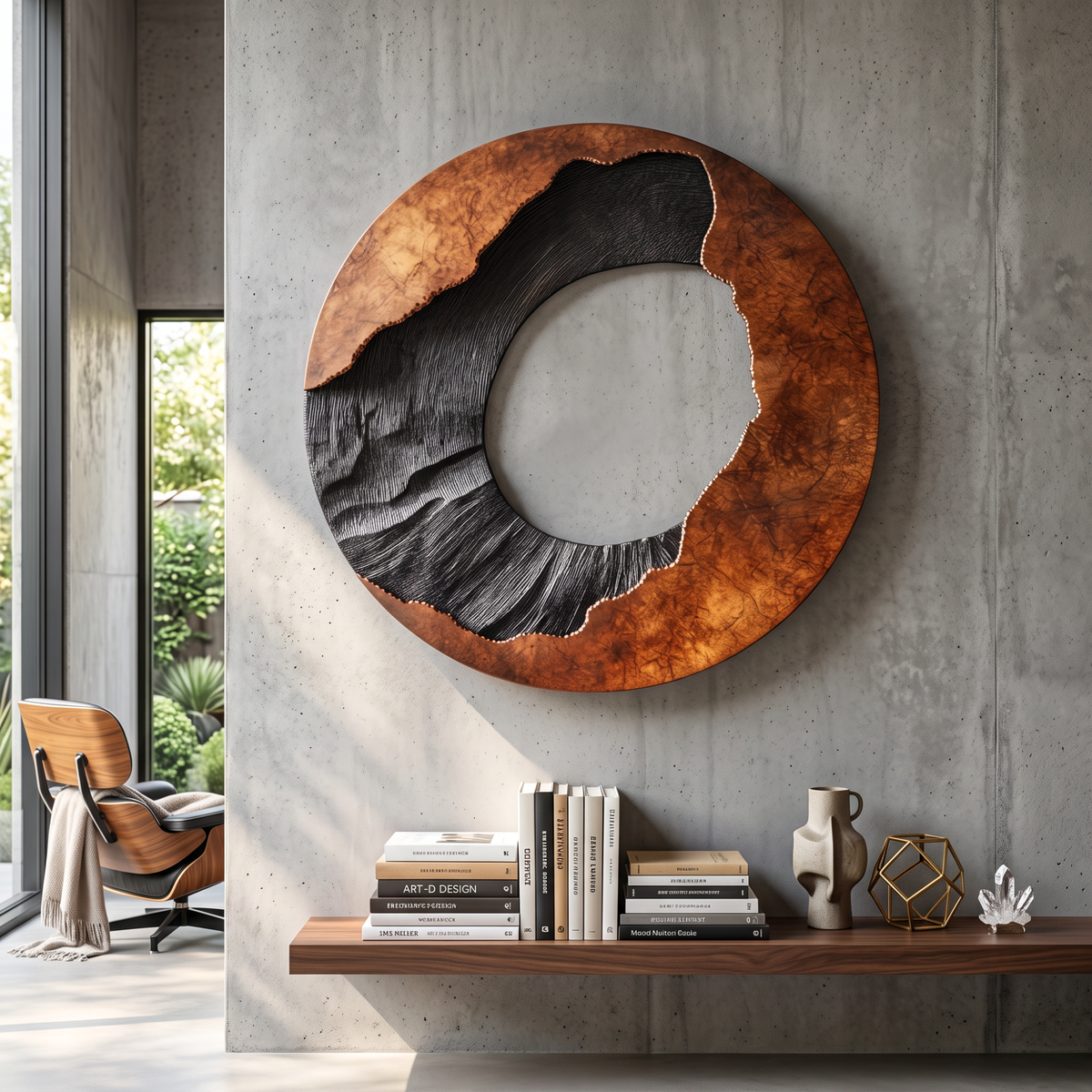 Circular Solid Wood Wall Art with Eclipse Inspired Design and Textured Black Carving
