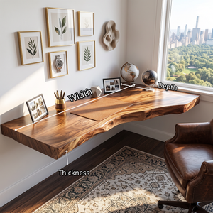 Floating Solid Wood Corner Desk with Live Edge Surface and Organic Wall Mounted Design