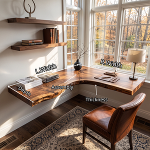 Floating Solid Wood Corner Desk with L-Shaped Live Edge Surface and Wall Mounted Design