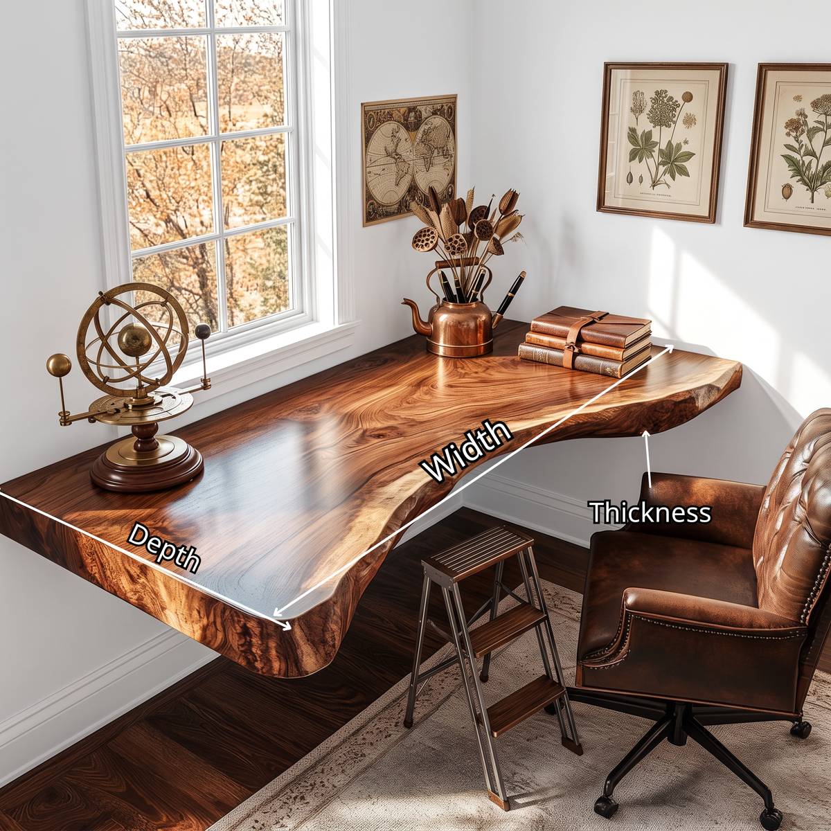 Floating Solid Wood Corner Desk with Curved Live Edge and Natural Slab Design