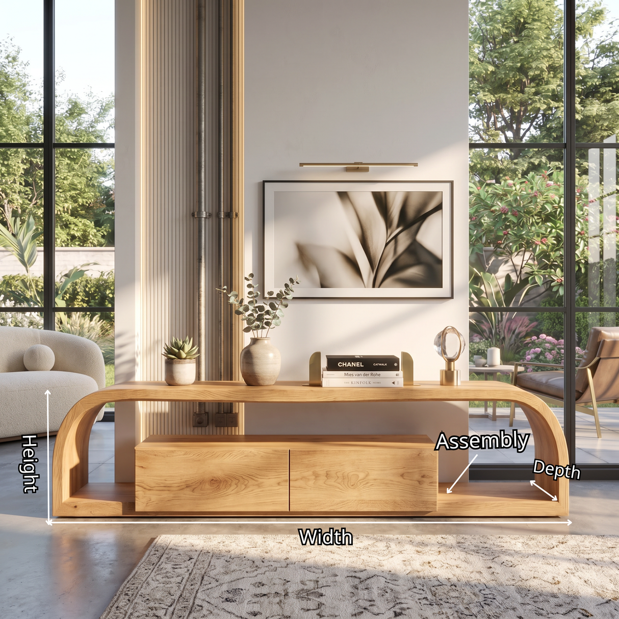 TV Console Solid Wood with Rounded Frame and Cabinet Storage for Living Room