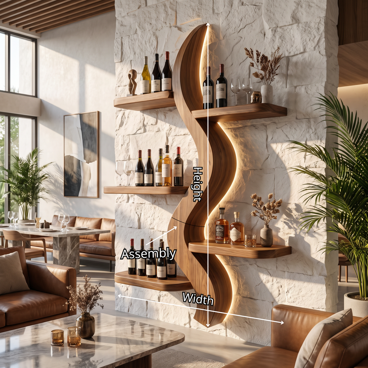 Wall Wine Rack Solid Wood with Sculptural S Curve Shelves for Dining Room