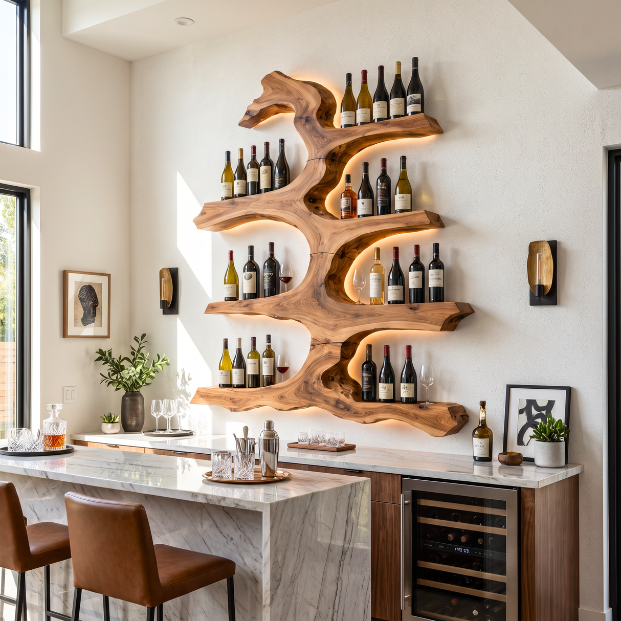 Wall Wine Rack Solid Wood with Sculptural Tree Branch Shelves for Dining Room