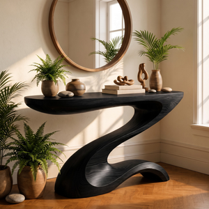 Console Table Solid Wood with Sculptural Z Curve Base for Entryway Decor