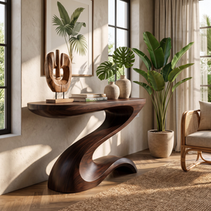 Console Table Solid Wood with Sculptural Z Curve Base for Entryway Decor