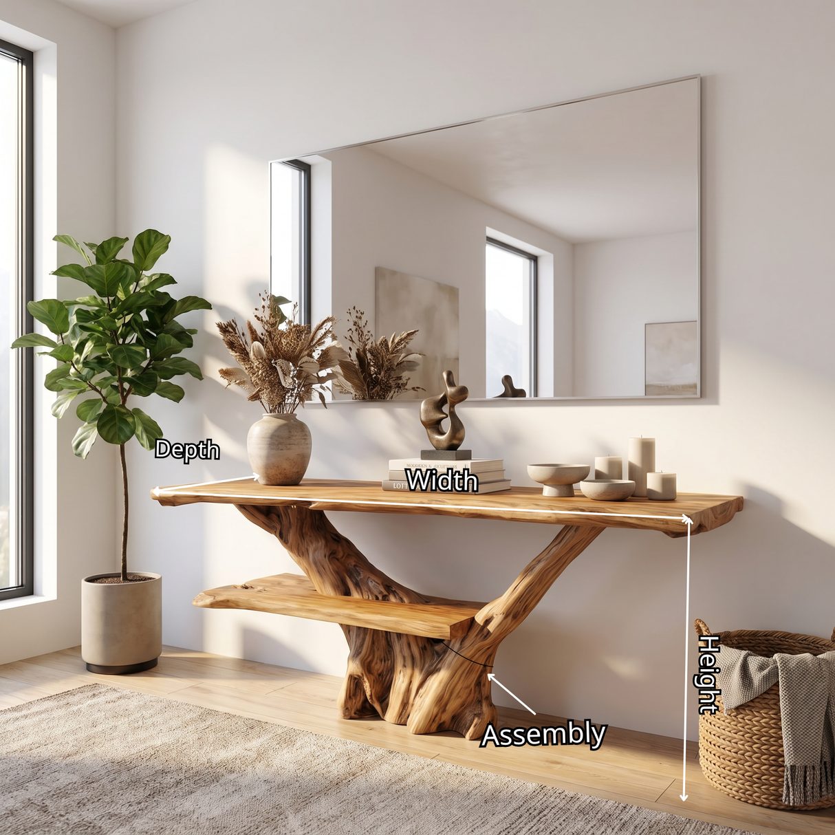 Console Table Solid Wood with Integrated Bench and Tree Branch Base