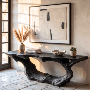Console Table Solid Wood with Sculptural Wave Loop Base for Entryway Decor
