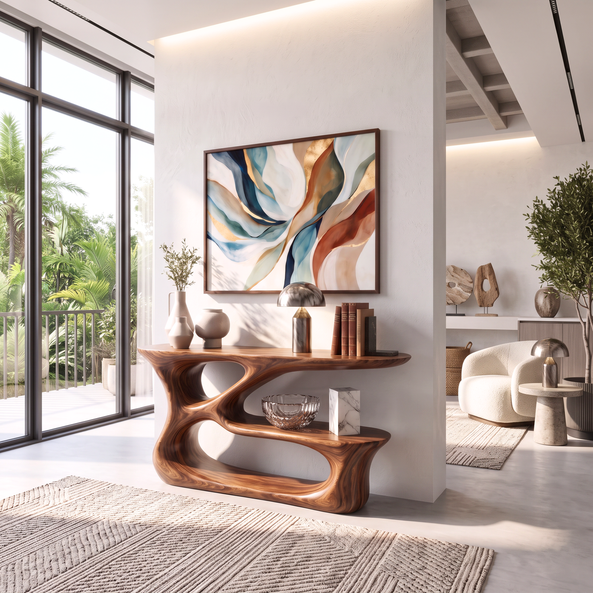 Console Table Solid Wood with Sculptural Tiered Loop Base