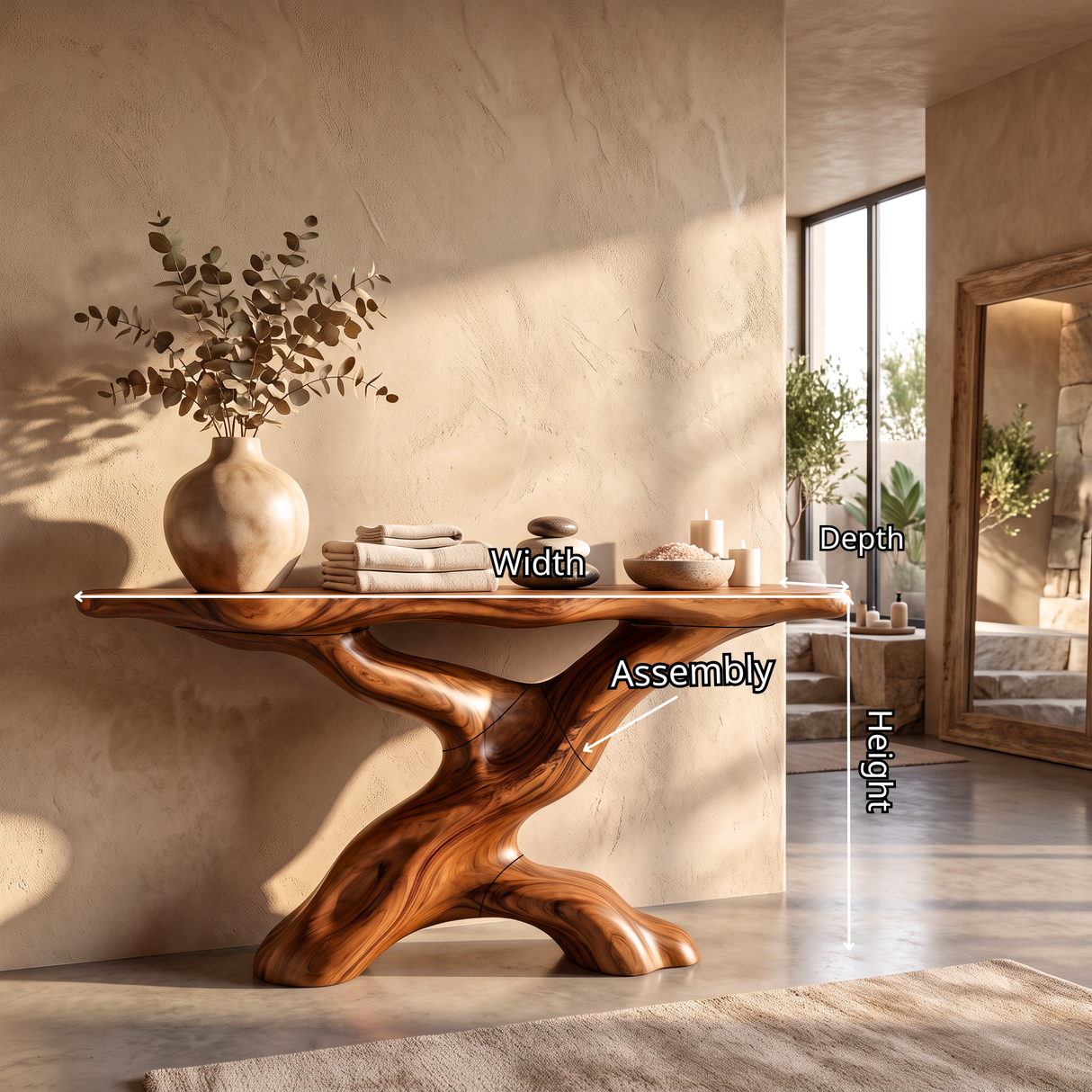 Console Table Solid Wood with Sculptural Tree Branch Base for Entryway Decor