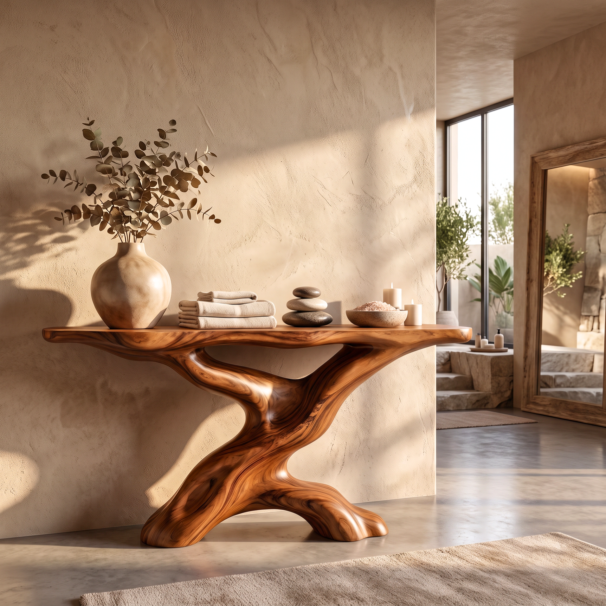 Console Table Solid Wood with Sculptural Tree Branch Base for Entryway Decor