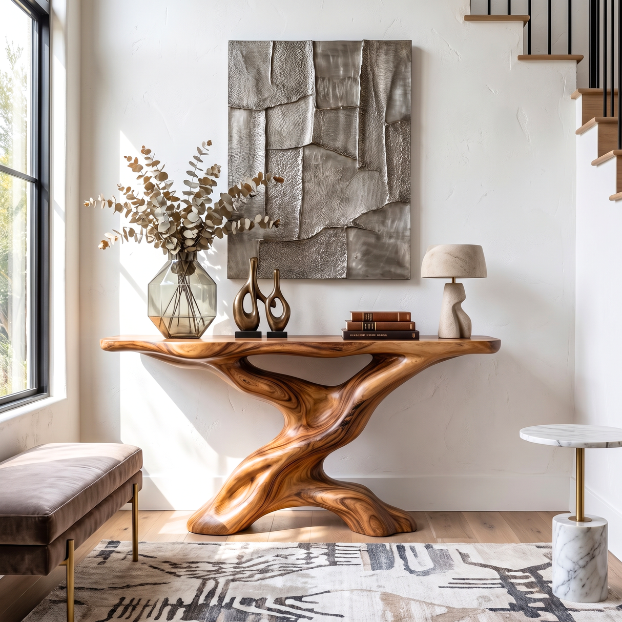 Console Table Solid Wood with Sculptural Tree Branch Base for Entryway Decor