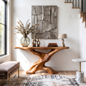 Console Table Solid Wood with Sculptural Tree Branch Base for Entryway Decor