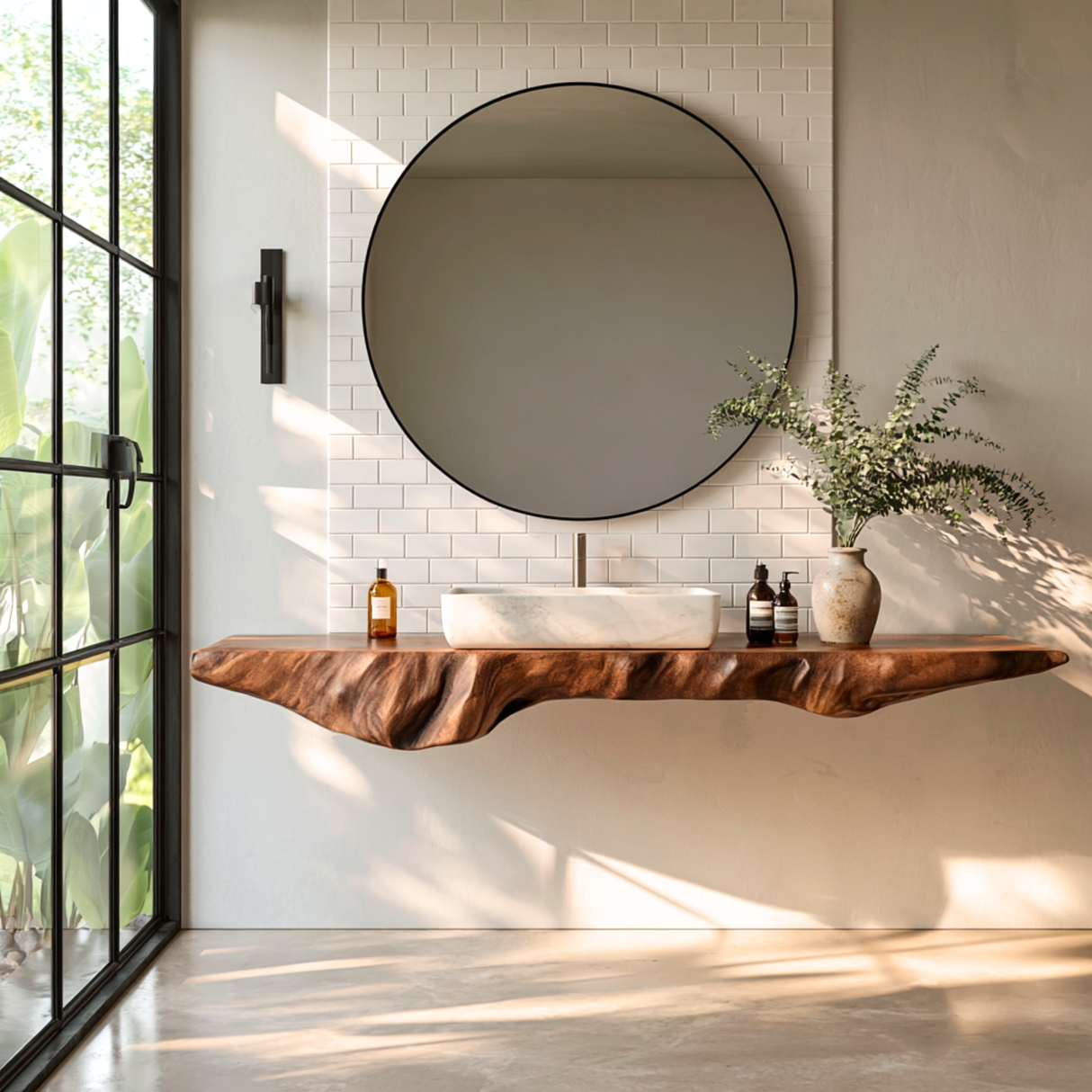 Solid Wood Floating Bathroom Vanity Shelf with Organic Carved Edge