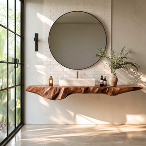 Solid Wood Floating Bathroom Vanity Shelf with Organic Carved Edge