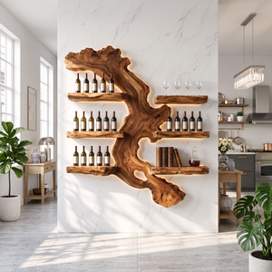 Wall Mounted Wine Rack Solid Wood with Abstract Live Edge Shelves