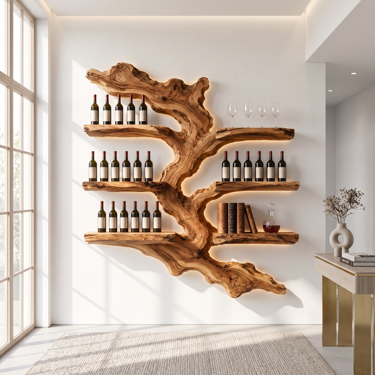 Wall Mounted Wine Rack Solid Wood with Sculptural Live Edge Shelves for Home Bar