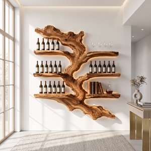 Wall Mounted Wine Rack Solid Wood with Sculptural Live Edge Shelves for Home Bar