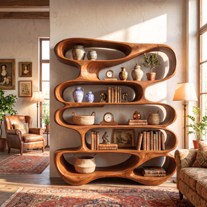 Flowing Open Form Wood Display Shelf with Sculptural Tiered Shelving