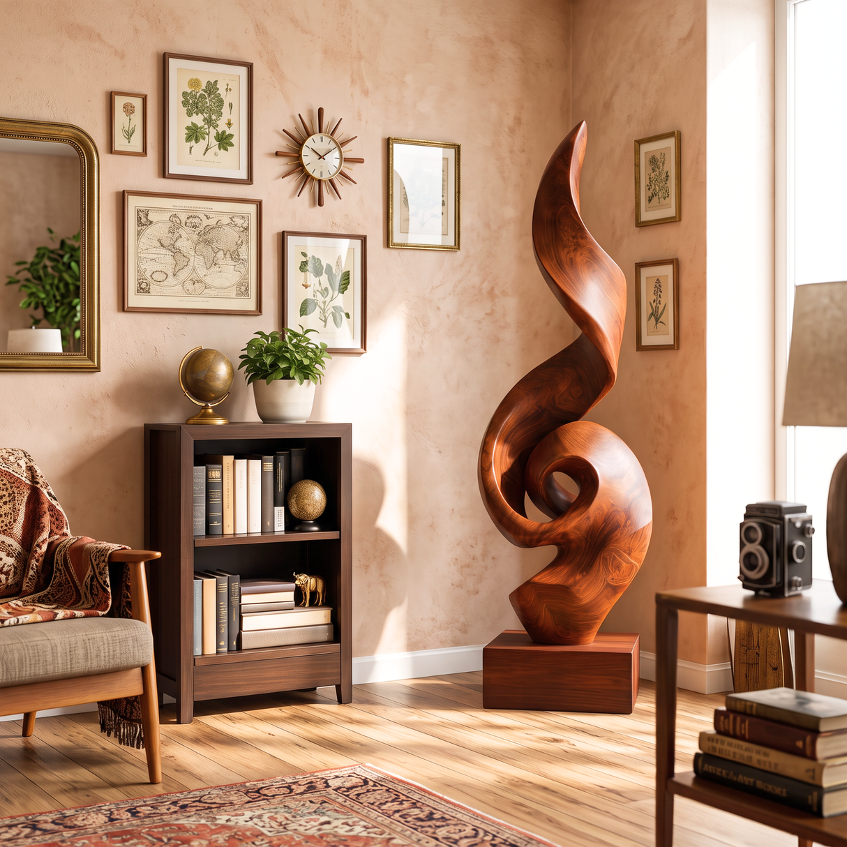 Tall Solid Wood Spiral Flame Sculpture with Plinth for Modern Interiors
