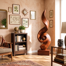 Tall Solid Wood Spiral Flame Sculpture with Plinth for Modern Interiors
